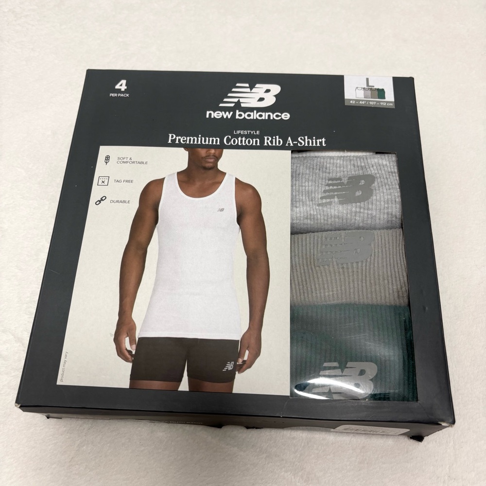 New Balance Cotton Rib A-Shirt 4-Pack - White, Gray, Black and Green Size L  New